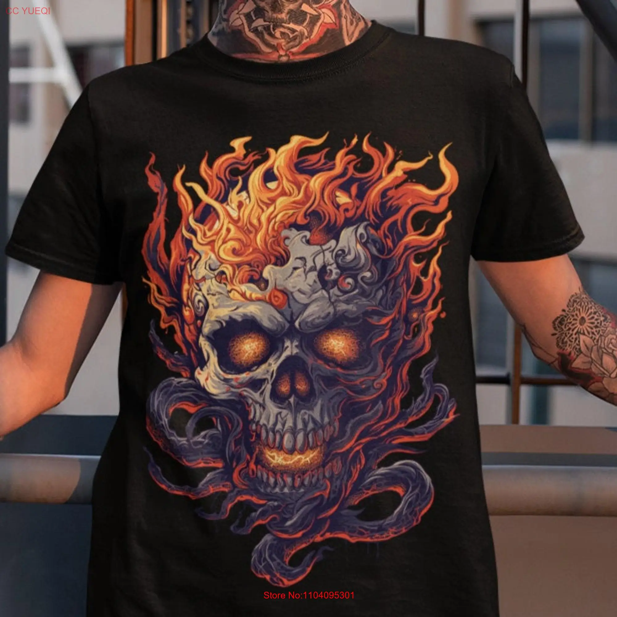 Gothic Flaming Skull T Shirt Y2k Goth dark academia Whimsy Clothes long or short sleeves