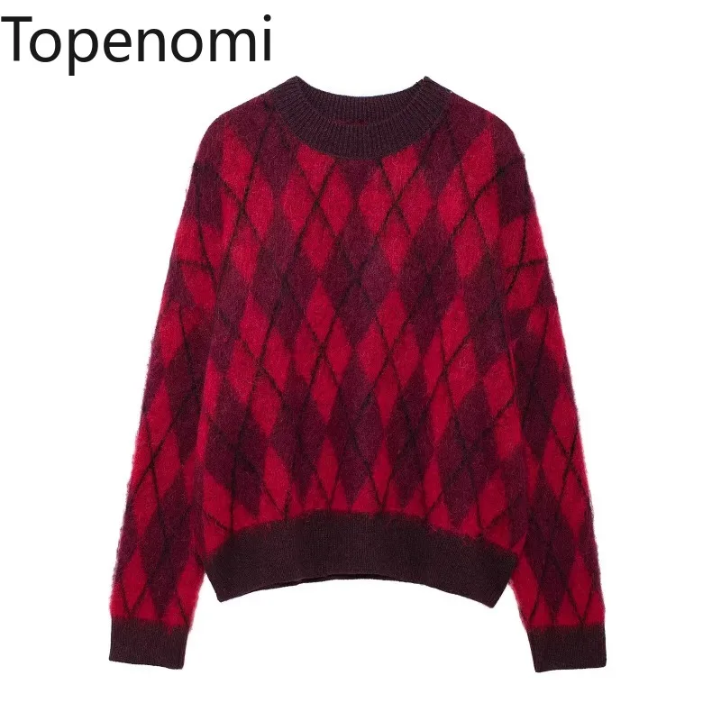 Topenomi Argyle Sweater Women Autumn Winter Round Neck Loose Knitted Pullover French Vintage Long Sleeve All Match Tops Sueter