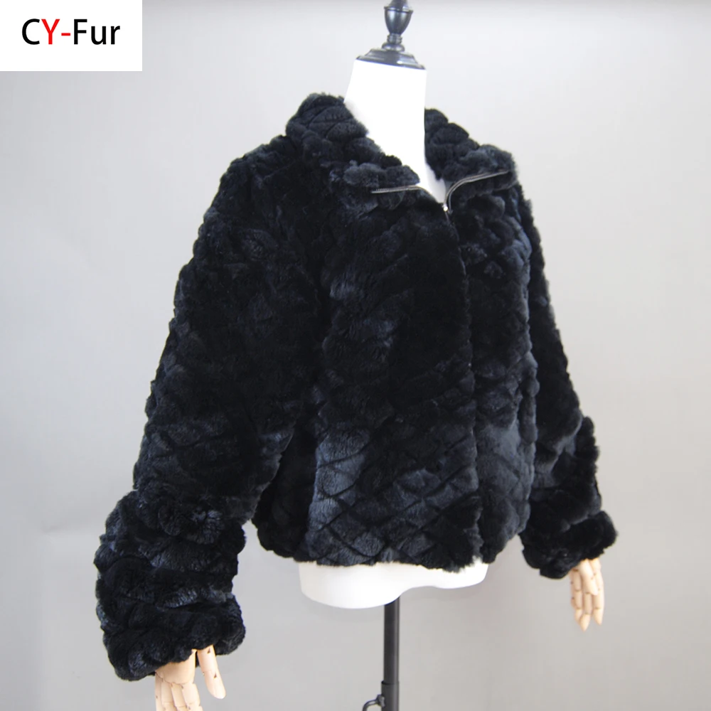 2024 Black Fashion Short Real Rex Rabbit Fur Jacket with Lapel Collar Woman Winter New Genuine Rex Rabbit Fur Coat Outwear