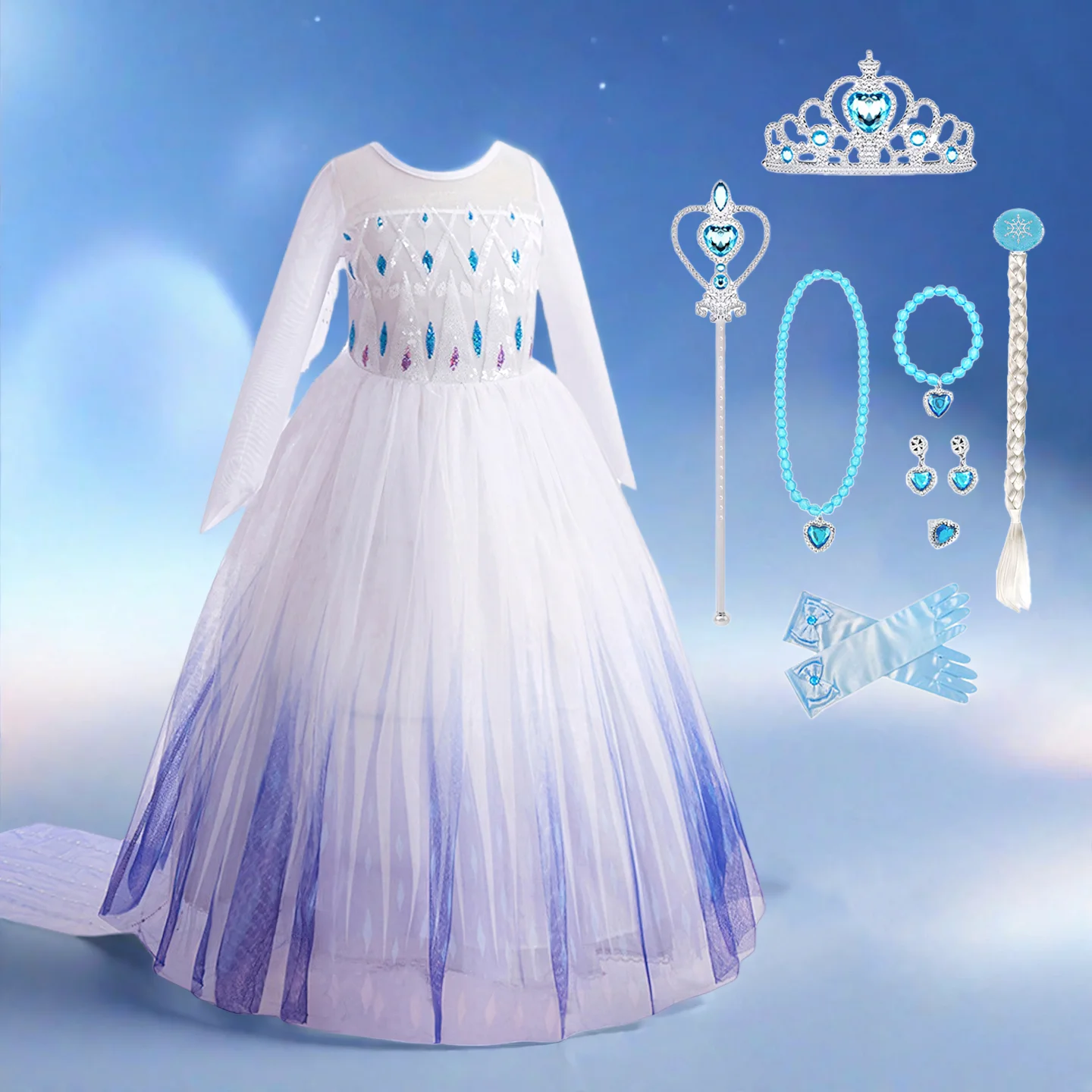 

Girls Elsa Costume Kids Halloween Cosplay White Princess Dress Children Birthday Party Clothes Dress Up