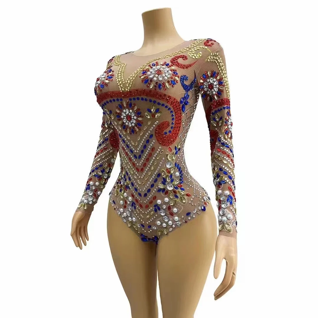 Fashion Multicolor Rhinestone Long Sleeved Jumpsuit for Women Nightclub Party Prom Bodysuit Sexy Dance Stage Performance Costume