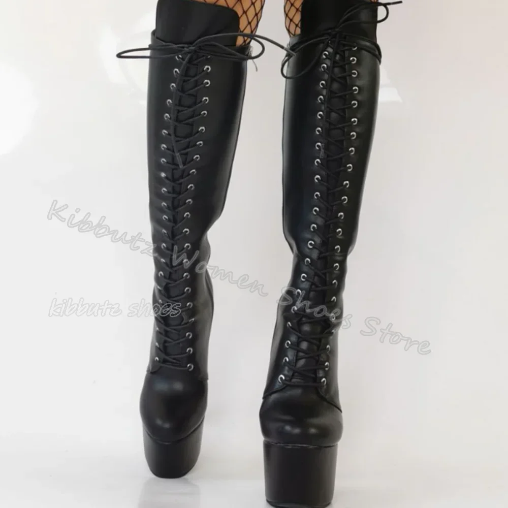Sznurowane kozaki do kolan na platformie, eleganckie, minimalistyczne, seksowne, modne, szpiczaste, super wysokie, cienkie obcasy, damskie buty, nowe, z prawdziwej skóry.