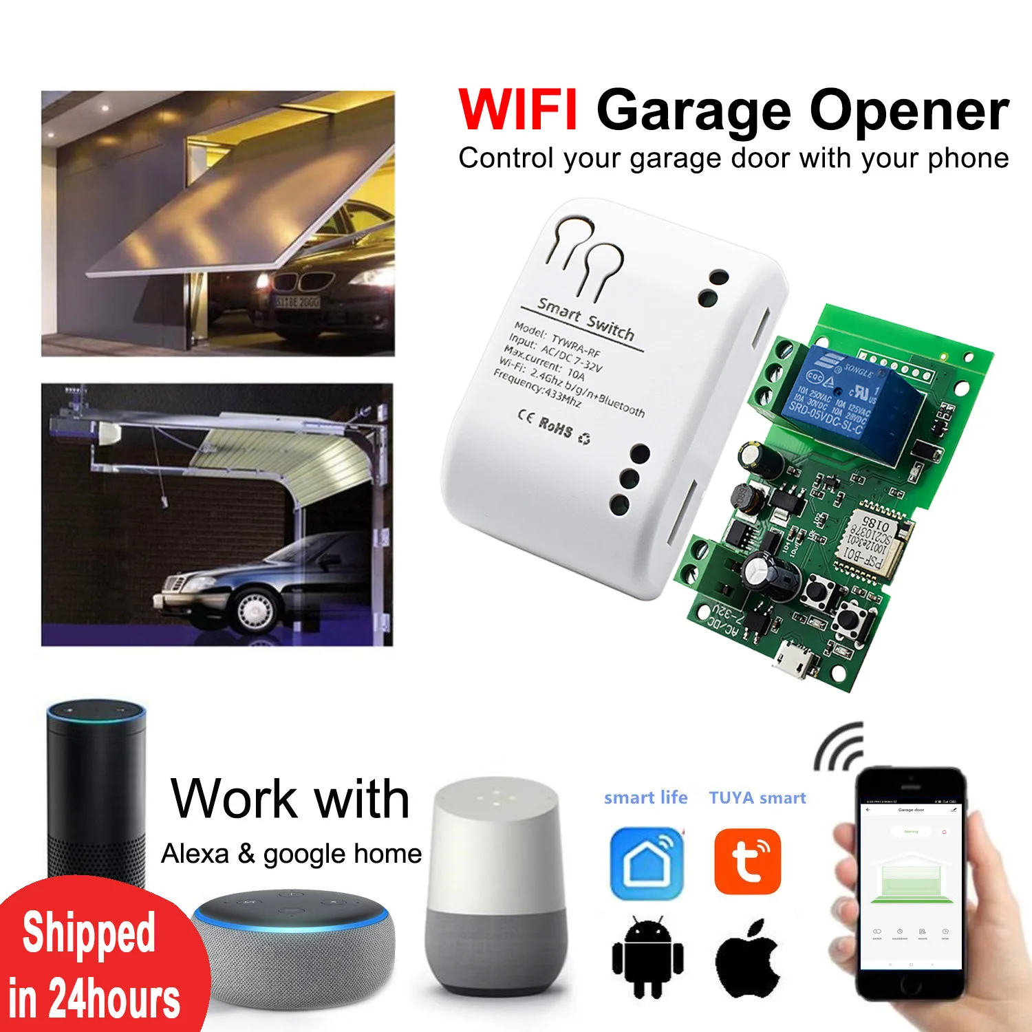 Tuya Smart Life App,WIFI Garage Door Opener Controller,Timer,Door Open/Close Monitor, Voice Control with Alexa/Google Assistant