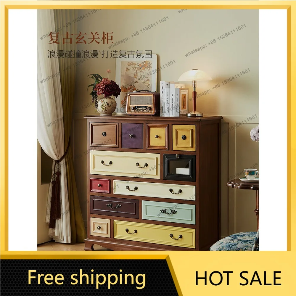 FG American retro entrance cabinet, living room solid wood partition entrance desk, drawer storage decorative cabinet