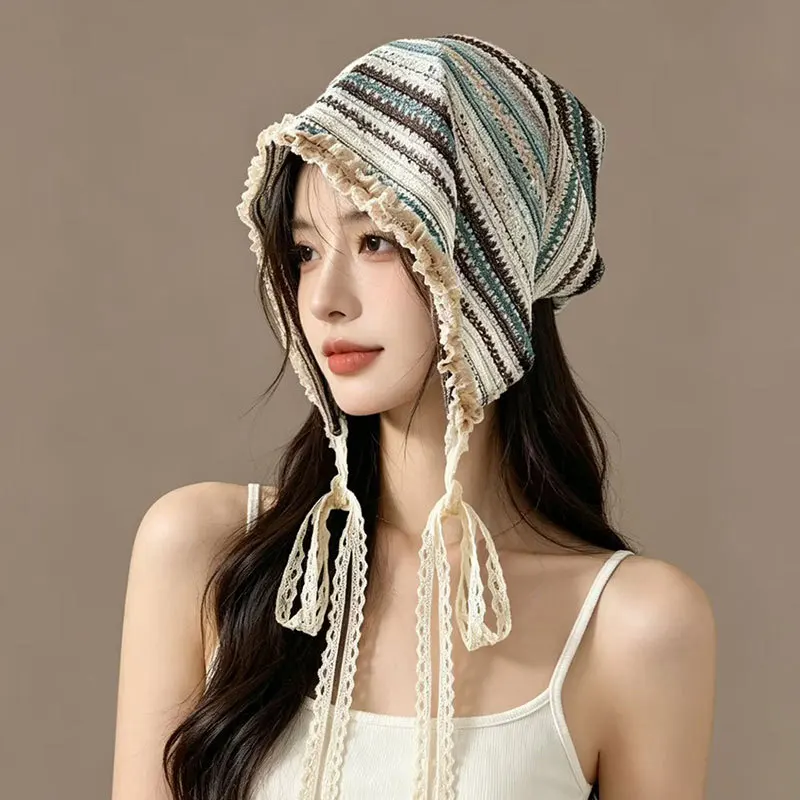Japanische gestreifte Spitzen-Pullover-Kaltmütze für den Sommer, dünn, lässig, atmungsaktiv, Ethno-Stil, Slouchy-Hüte, vielseitige Sonnenkappe für Damen