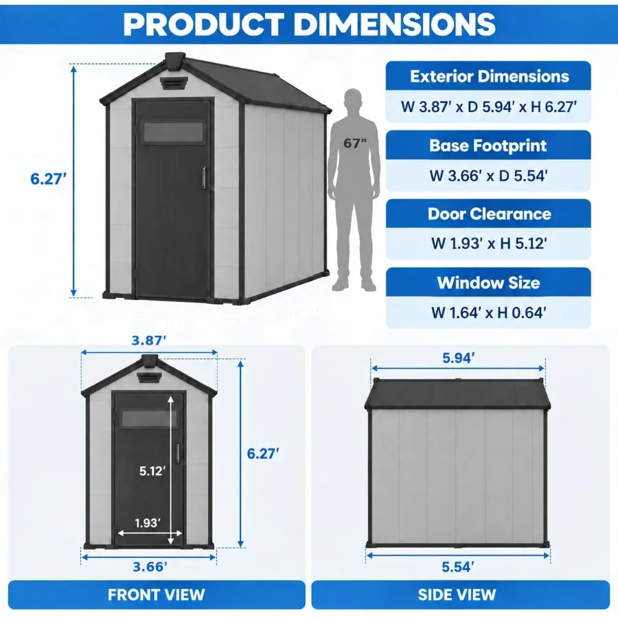 Resin Storage Shed For Outdoor Use, Gray, Durable And Weather-Resistant With Floor, Window, And Lockable Door