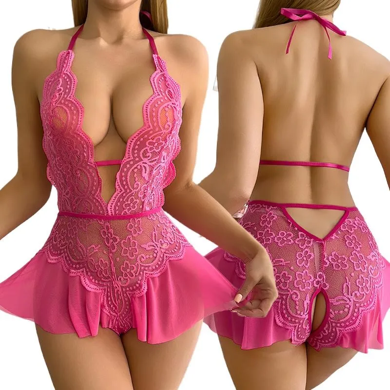 New Sexy Crotchless Rose Sexy Lingerie Women Lace Hollow Bodysuit Teddy Babydoll Dress Deep V Open Bra Porno Set Erotic Pajamas