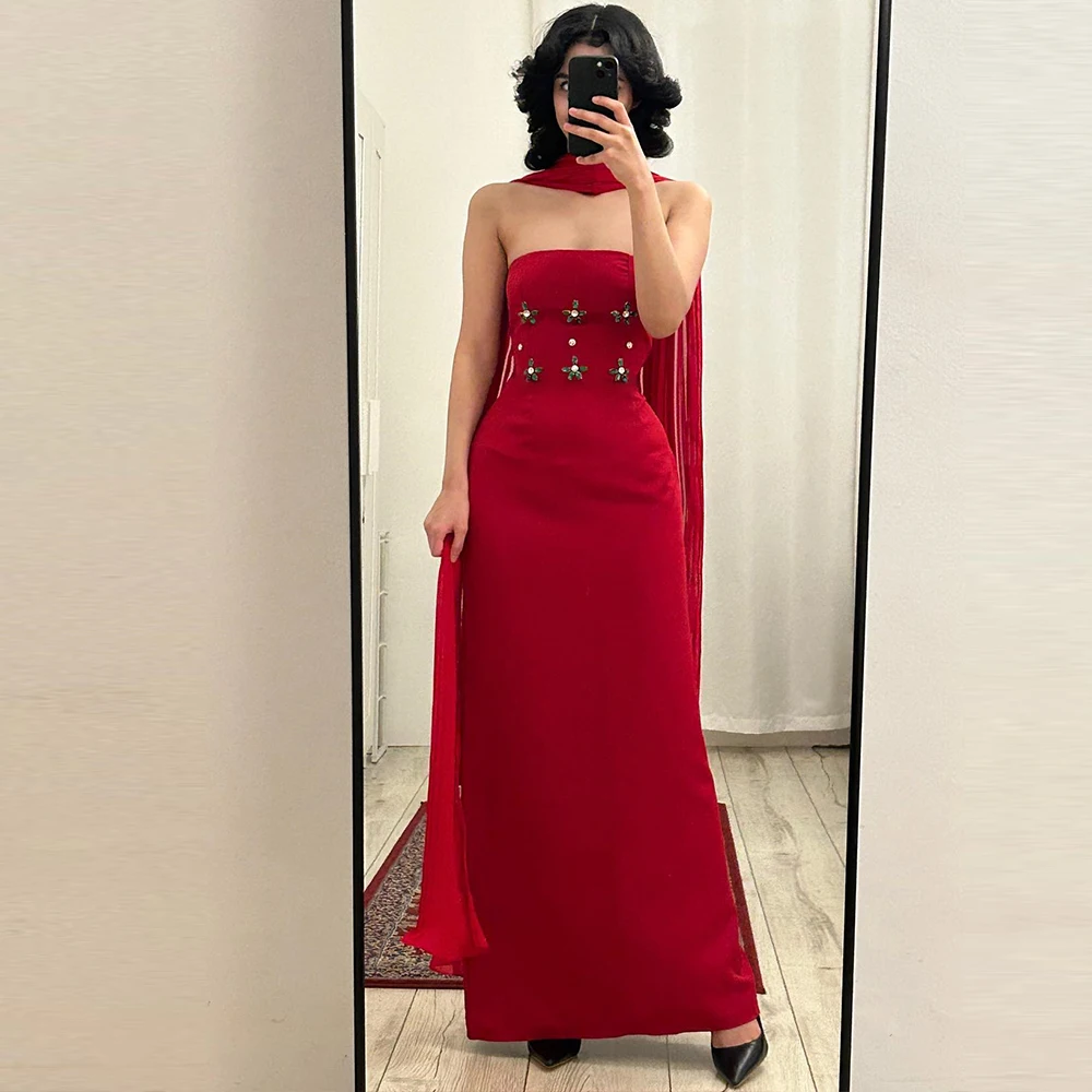 

Exquisite Straight Red Ankle Length Evening Dress Classic Strapless Jersey Sleeveless Crystal Saudi Arabia Celebrity Gowns