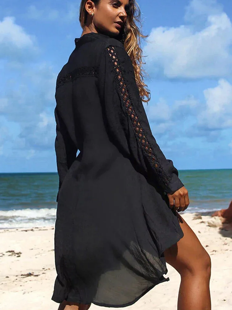 2025 nuevo Bikini Cover-Ups mujer playa cubrir ahuecado cuello vuelto vestido de una sola botonadura moda de verano ropa de playa femenina