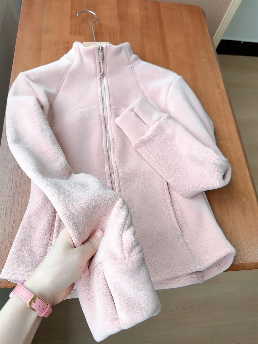 핑크 스탠드 칼라 안감 스웨트셔츠 재킷 여성용 가을 겨울 다운 재킷 이너 웜 탑 윈드브레이커 베이스 셔츠