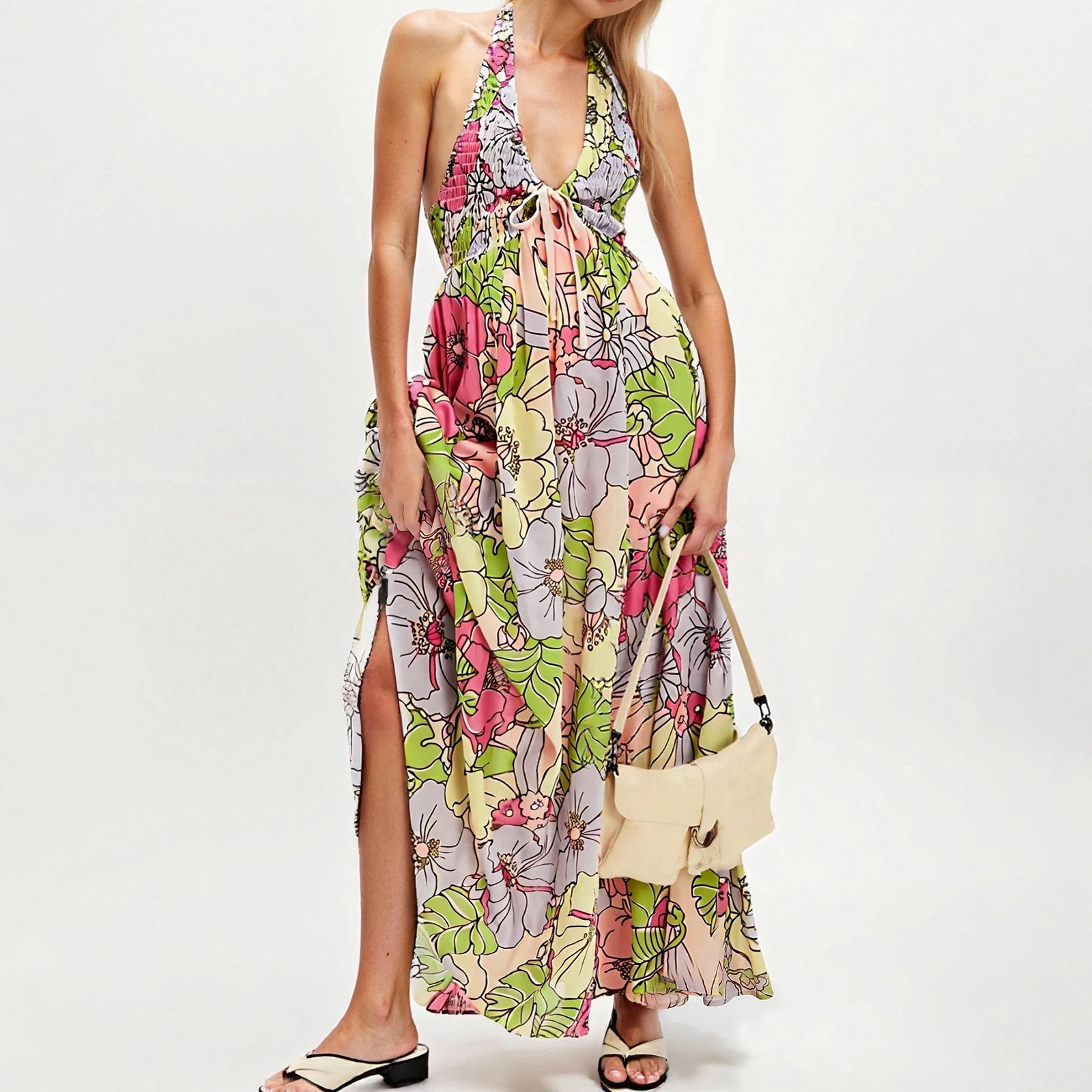 Combhasaki Abito lungo da donna con lacci, scollo a V, smock, arricciato, senza maniche, aperto sul retro, stampa floreale, abito lungo a trapezio fluido da spiaggia estivo