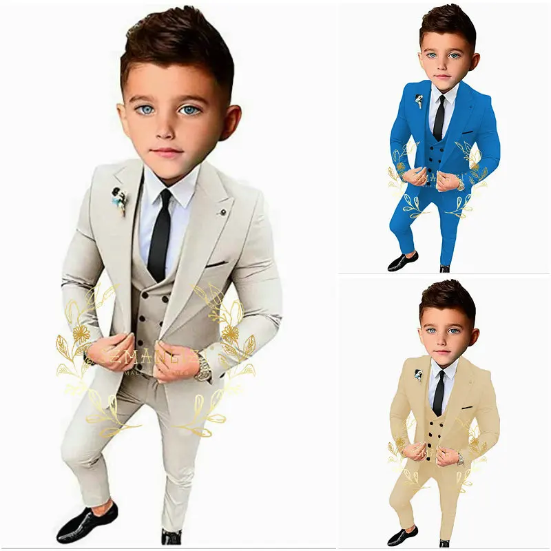 Casual Boys Suit Wedding Tuxedo 3 Piece Beige Jacket Pants Vest Kids Costume Blazer Set Peaked Lapel Slim Fit Outfit Fashion