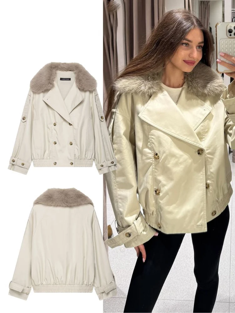 

HH Fashion Women's Cropped Waterproof Trench Coat 2025 Autumn Female Chic Double Breasted Faux Fur Collar Street Windbreaker