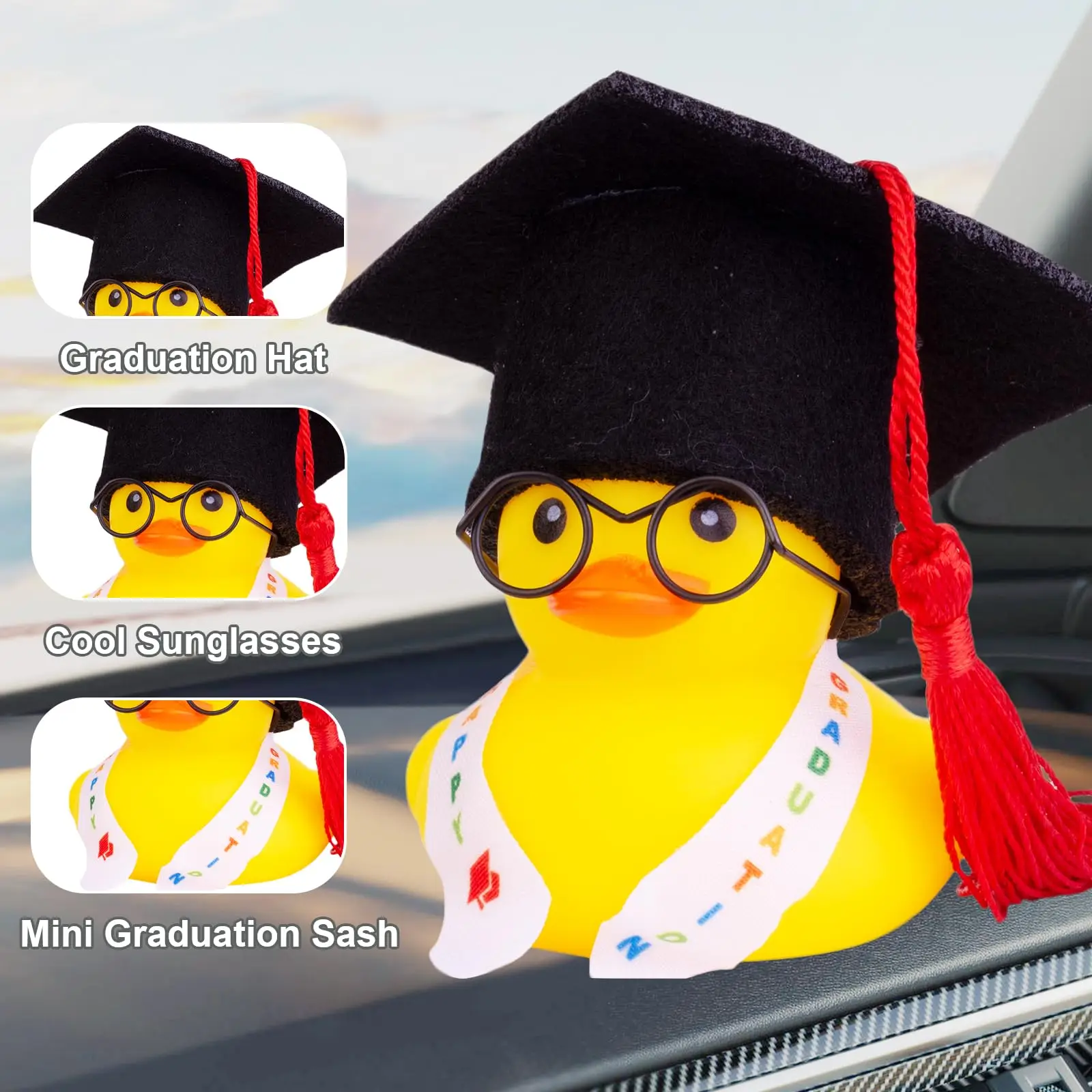 Graduação Ducks Car Dashboard Decorações, Pato De Borracha, Enfeites De Carro, Acessórios com Mini Graduação Chapéus, Faixas, Óculos