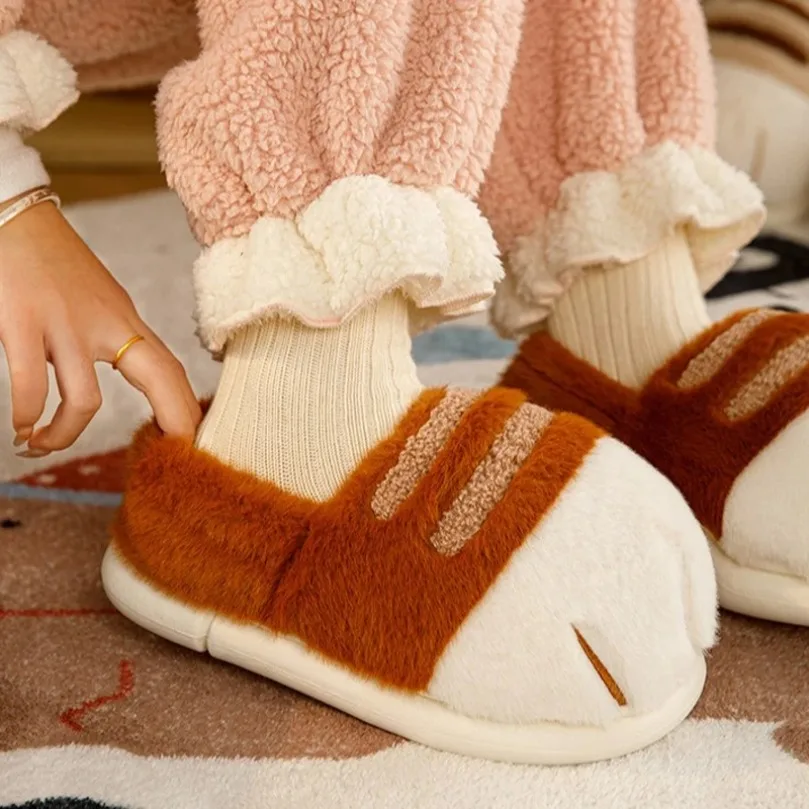 Home Fuzzy Slipper Women Winter Warm Cat Paw Claw Fur Plush Indoor Lazy Female Thermal Furry House Shoe Funny Flat flip flop view 4