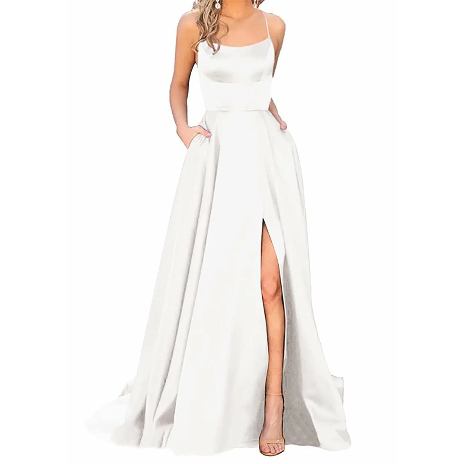 Abiti da ballo signore eleganti donne lunghe vestono le donne Backless Satin Spaghetti Party spacco laterale abiti da sera da sposa da donna