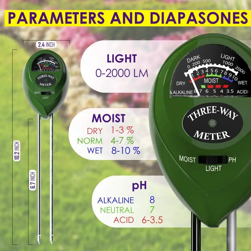 3 In 1 Soil Moisture Meter PH Acidity Water Acidity Analyzer Acidity Humidity Sunlight Tester Garden Flowers Moist Sensor Tester