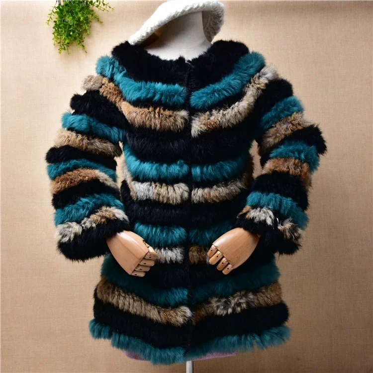 female women winter thick 100% angora rabbit fur hand-knitted three quarter sleeves striped loose cardigan jacket coat sweater