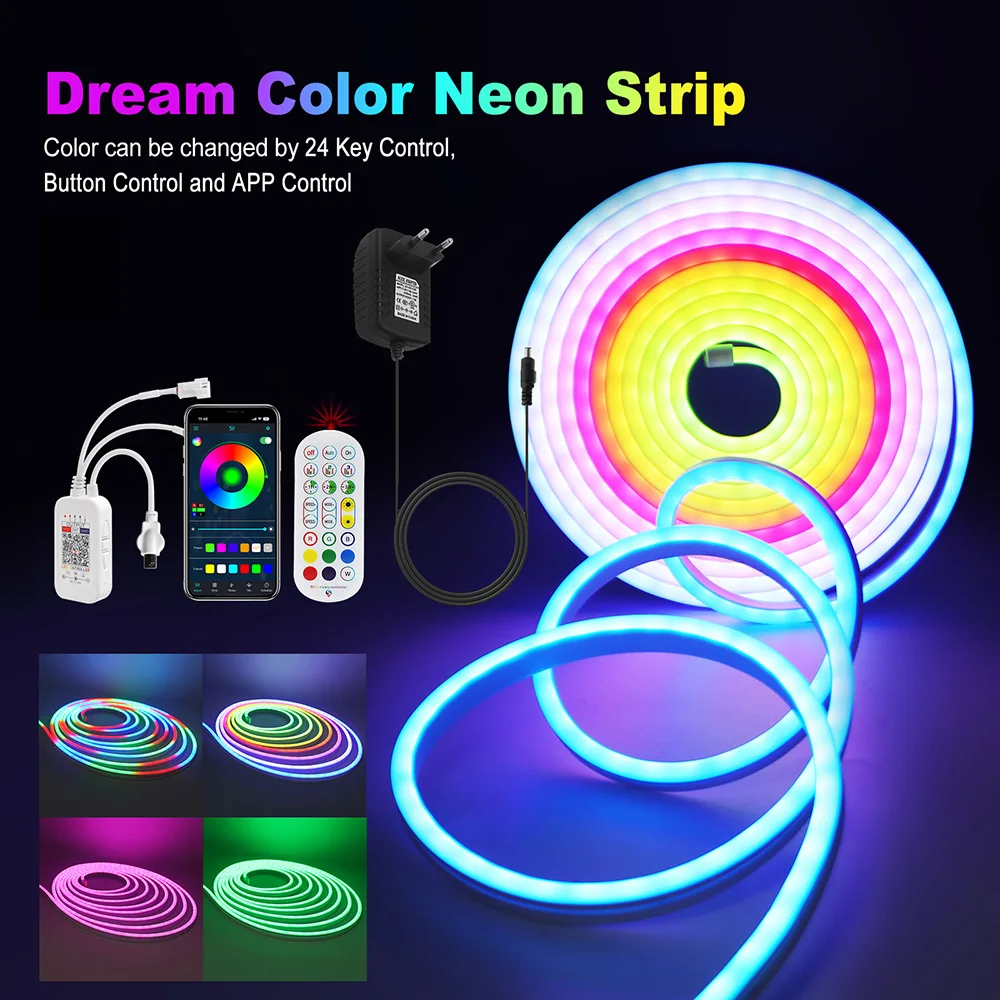 Kompatybilny z Bluetooth RGB WS2811 LED Neon Strip 12V 24V Zdalne sterowanie EU US UK AU Zestaw zasilania Flex Rope Light Tape Decor Waterpoof