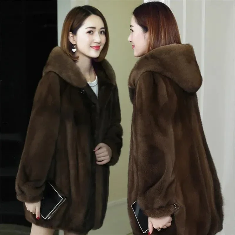 

Women Faux Fur Coat Winter Faux Mink Fur Hooded Black Outerwear Overcoat Ladies Zipper Lightweight Large Size Clothing 5xl 6xl