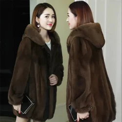 Women Faux Fur Coat Winter Faux Mink Fur Hooded Black Outerwear Overcoat Ladies Zipper Lightweight Large Size Clothing 5xl 6xl