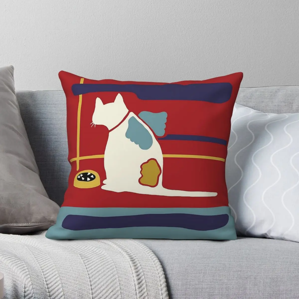 Cat Wings Feeding Bowl Square Pillowcase Polyester Linen Velvet Creative Zip Decorative Home Cushion Cover
