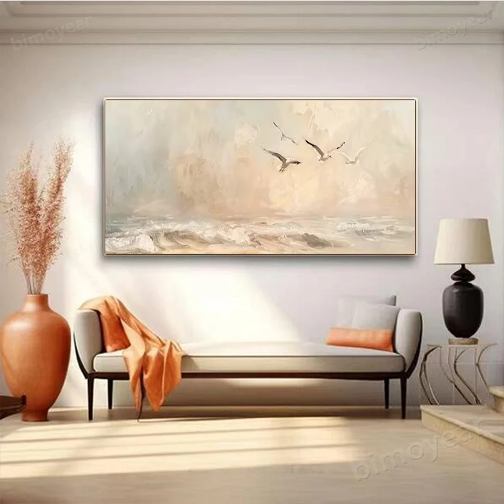 

100% Hand Painted Abstract Oil Painting Grey Sea View Wall Art Picture On Canvas Big bird Mural For Living Room Home Decor Paint