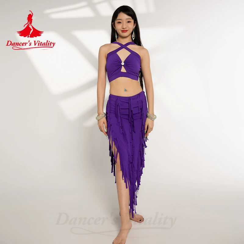 Traje de danza del vientre para mujer, Top de algodón + falda con borlas, 2 piezas, traje de danza Oriental, conjunto de disfraces profesionales