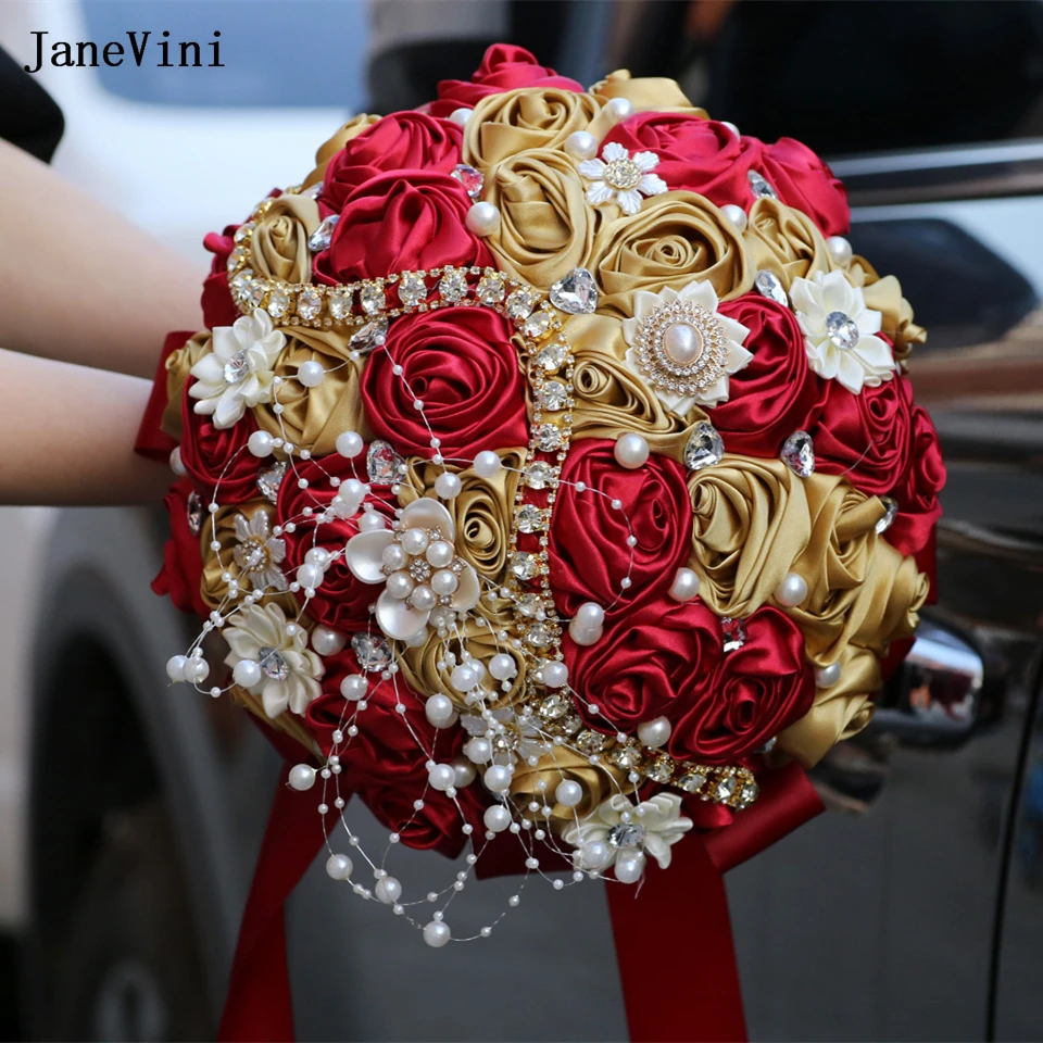 

JaneVini Европейские бордовые цветы Свадебные букеты для свадьбы Bling Кристаллы Жемчуг Светло-золотая лента Розы Невеста Поддельный букет