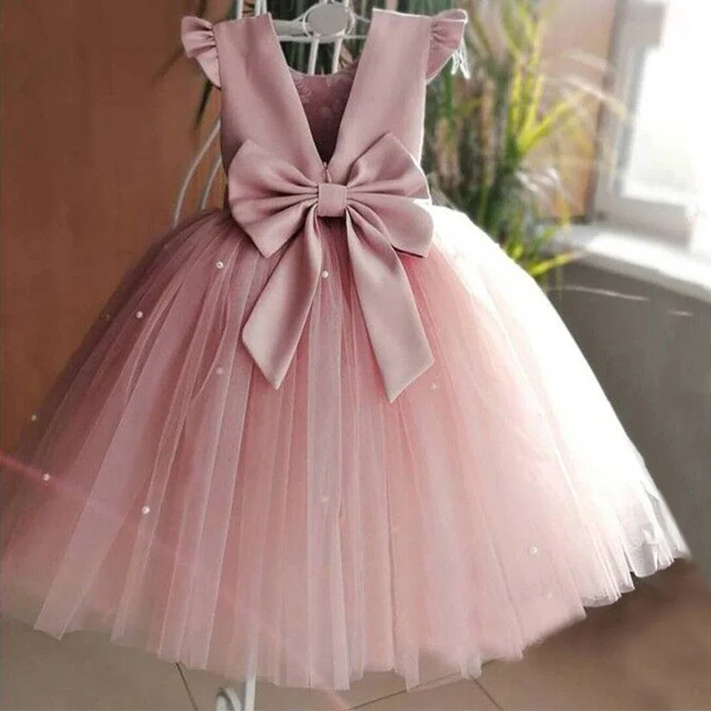 Flower Girl Dresses Children's wedding dress girl's simple mesh performance fluffy mid length skirt Young Long girls dresses