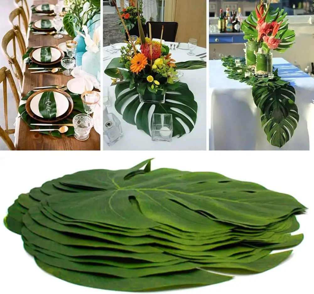 12 hojas de palma artificiales, hojas verdes tropicales de imitación para decoraciones de mesa de fiesta temática de playa de jungla (13,7 pulgadas)