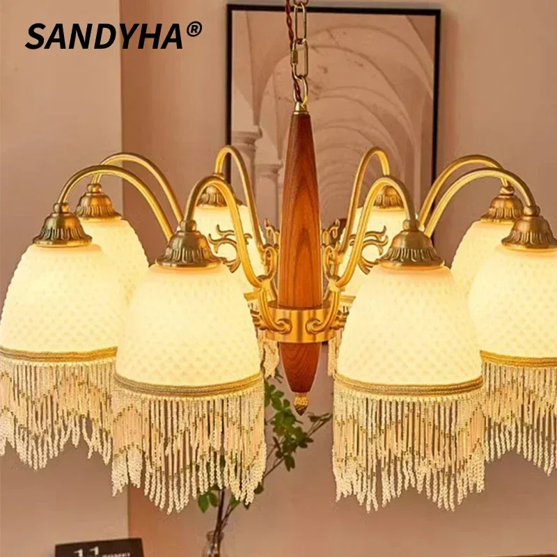 SANDYHA All Copper Grid Tassel Chandelier Walnut Wood LED Lights Parlor Bedroom Dining Table Lighting Home Decoration