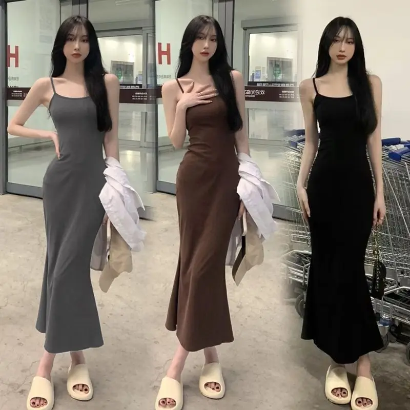 

Black/Gray/Coffee Sexy Backless Halter Long Dresses Summer Hotsweet Girls Fish Tail Wrap Hip Dress for Women Bodycon Dress Y2K