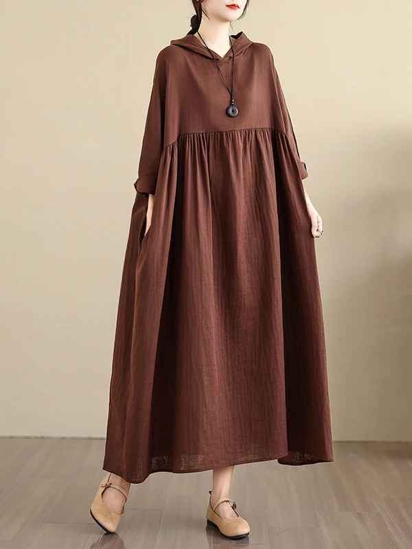 Retro Gentle Style Double Layer Cotton Linen Long Sleeve Hooded Printed Dress Women's Early Autumn New Arrival A-Line Skirt