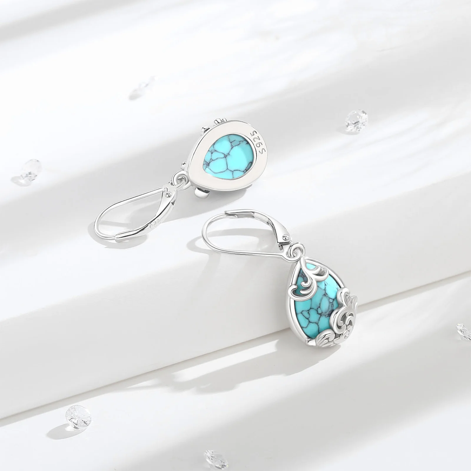AEONSLOVE 925 Sterling Silver Teardrop Turquoise Earrings Handmade Filigree Leverback Dangle Earrings Fine Jewelry for Women Mom