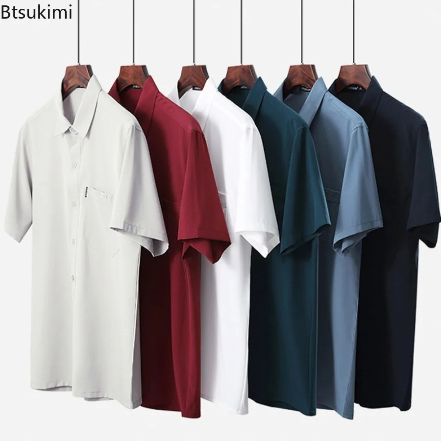 صيف جديد الرجال الصلبة قصيرة الأكمام الأعمال قمصان غير رسمية عالية الجودة الحرير الجليد تنفس التلبيب بلوزة جيب قمصان بيضاء الذكور #6