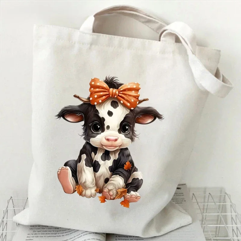 Cute Cow Print Canvas Tote Bag Women\'s Large Capacity Beach Shoulder Bag Student Casual Travel Shopping Bags Cartoon Cow Handbag