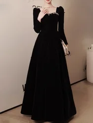 CustomizedFrench Black Long Sleeved Evening Dress Women Luxury Velvet Light Formal Gowns Sweet Square Collar Maxi Vestidos De No