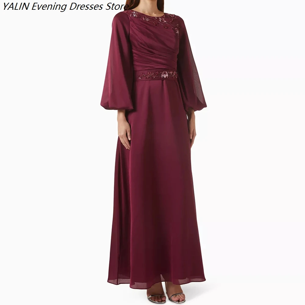 

Women's A-line Evening Dresses Ankle-length O-neck Full Sleeve Prom Dresses Fashion Crystal Flowers Sashes Customized Gowns