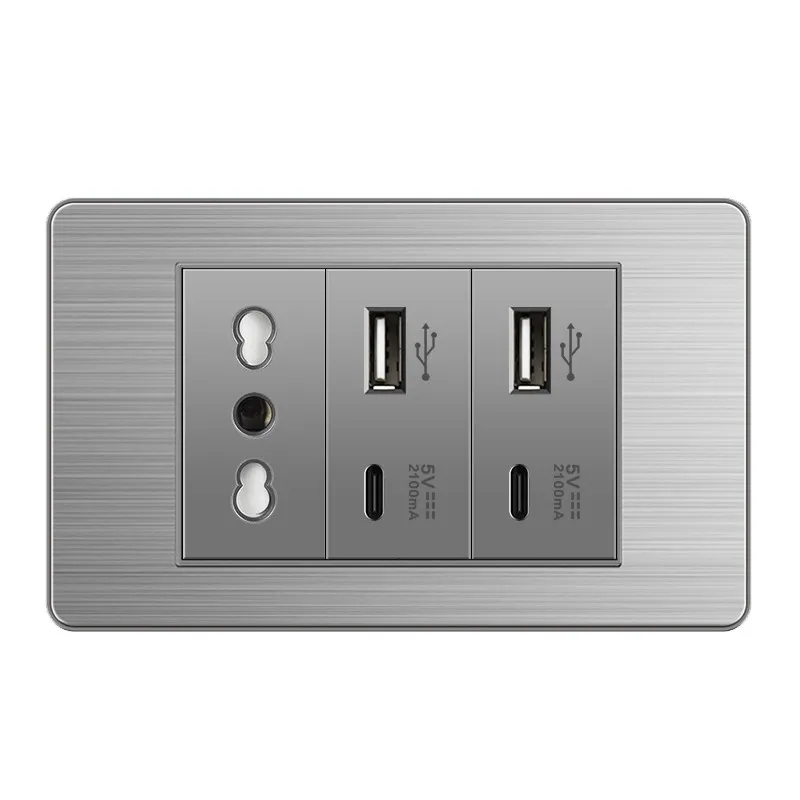 

ELEGAN Grey Stainless Panel Italy Standard Type-C EU Outlet Plug Wall Socket Light Switch EU 1/2/3/4/5/6Gang Switch Home Decor