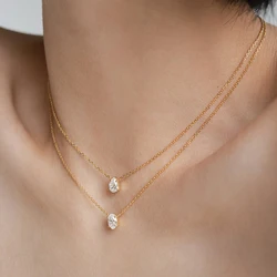INS Minimalist Small Waterdrop Oval Pendant Necklace Stainless Steel 18K Gold Color Cubic Zirconia Collar Necklace Fashion Gift