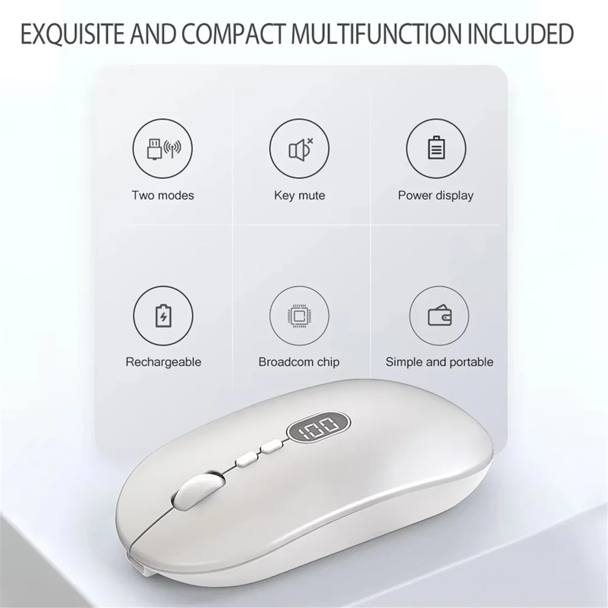 DQ2G Wireless Computer Mouse with Battery Level Visible Rechargeable 2.4G Portable USB Mouse Silent Click for PC Laptop B