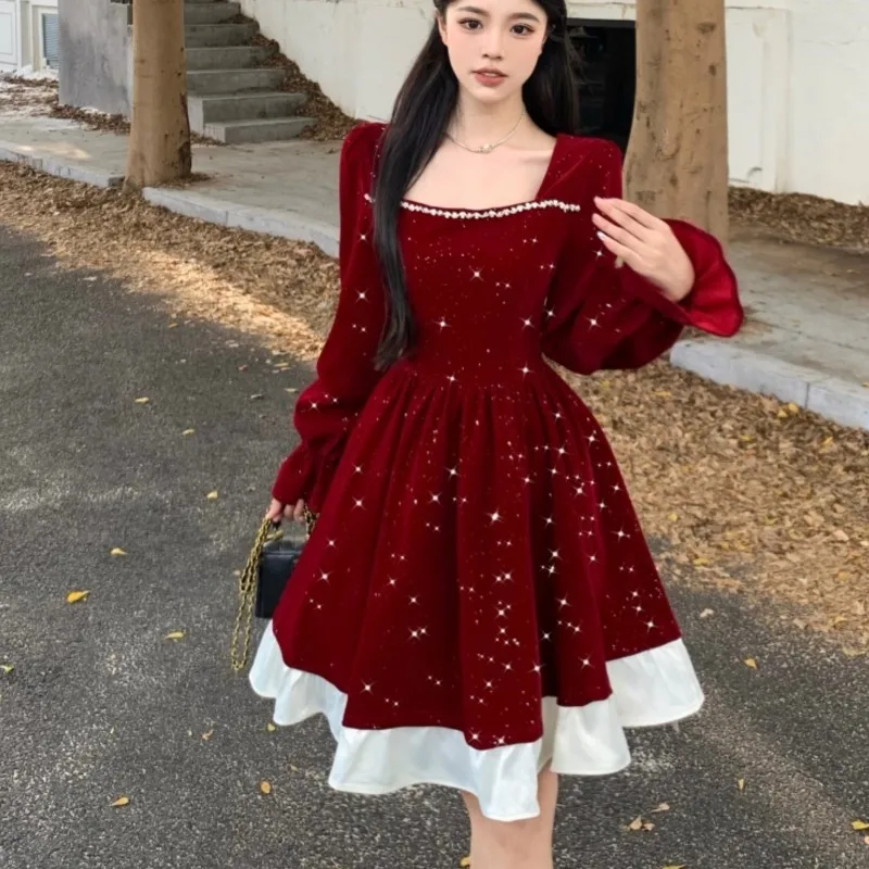 Autumn Shiny Velvet Midi Dresses for Women Long Sleeve Square Collar Oversize Ruffles Patchwork Christmas Party Dress Vestidos