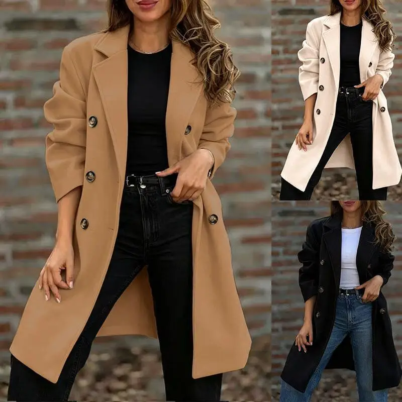 European and American Fashion Temperament Street Style Autumn and Winter Lapel, Three Rows Double Row Button Woolen Coat Jacket