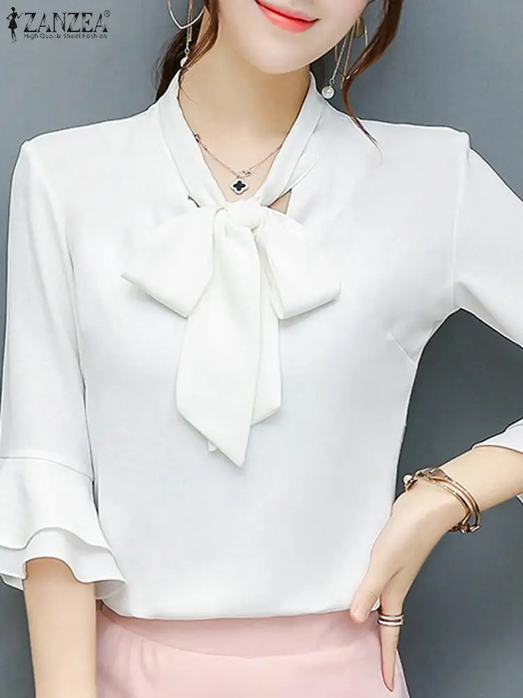 

Elegant Summer Women OL Work Blouse ZANZEA Lady Office Shirt Fashion Solid 3/4 Sleeve Blusas Casual Tops Female Loose Chemise