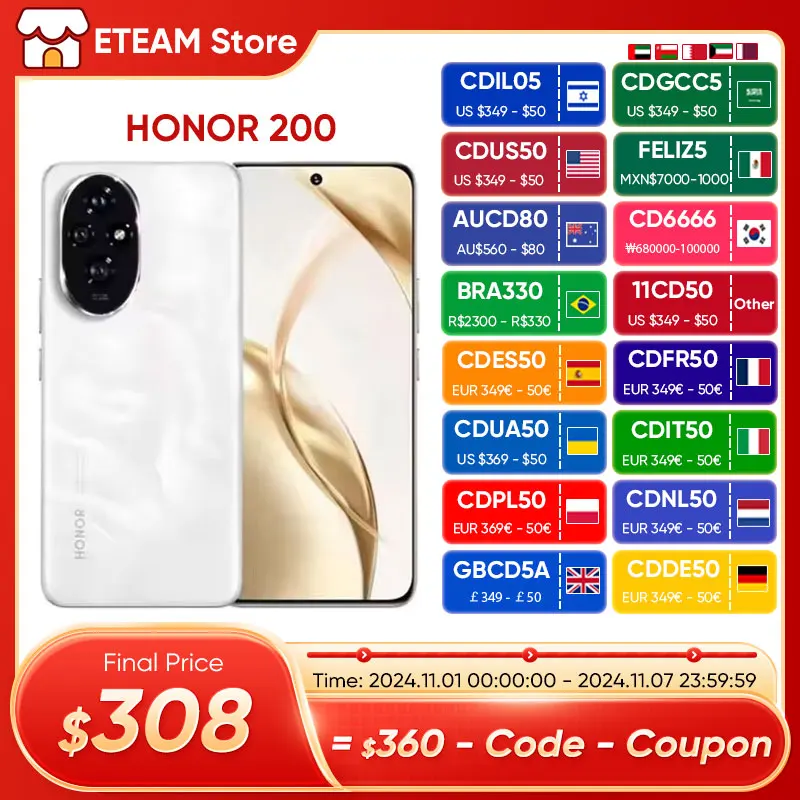 2024 Original HONOR 200 Global Version Snapdragon 7 Gen 3 5G Smartphone 6.7'' AMOLED Display Support HONOR 100W SuperCharge