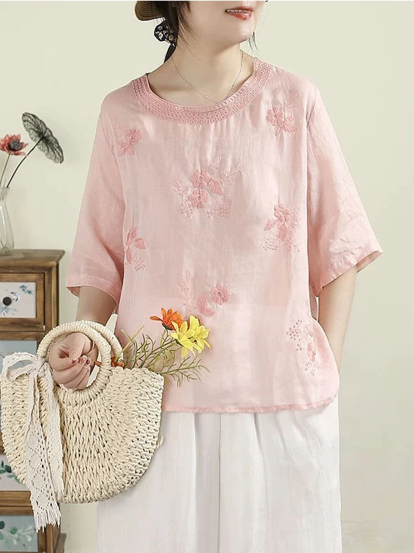 

Retro Cotton Linen Embroidered round Neck T-Shirt Short Sleeve Loose Fit Summer New Style Women's Casual Versatile Top