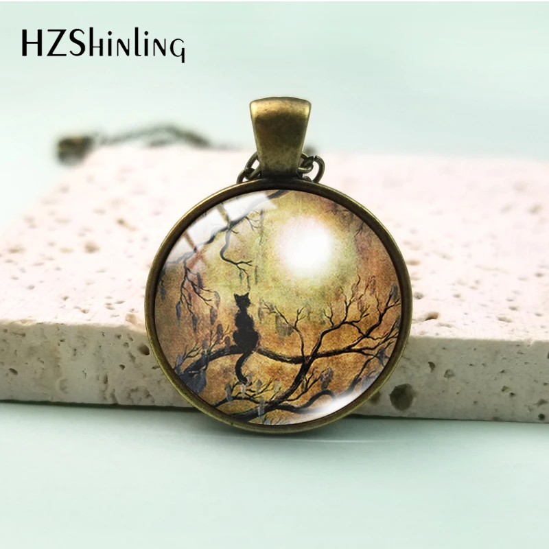 2023 New Arrival Fashion Cartoon Moon Tree and Cat Jewelry Round Glass Dome Cabochon Pendants Handmade Necklace