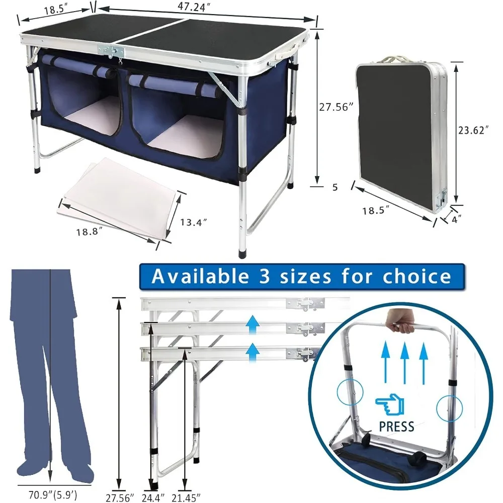 جديد - طاولة تخييم قابلة للطي مع حجرة تخزين من الألومنيوم خفيفة الوزن لطاولة المطبخ للتخييم قابلة للتعديل