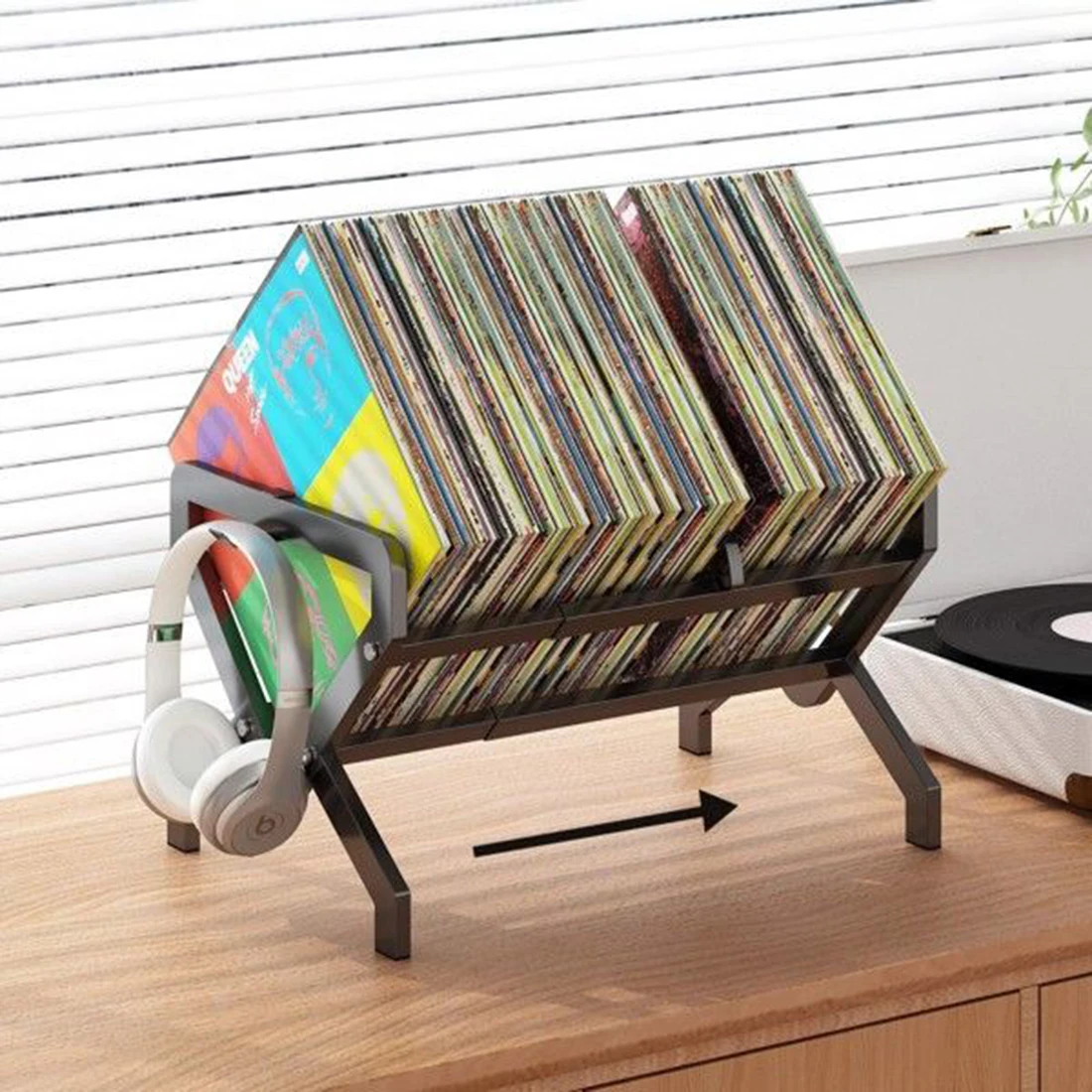 Expandable Vinyl Record Storage Holder, 80-140 LPs Record Display Stand With Headphone Holder, Vinyl Organizer Albums Storage Ra